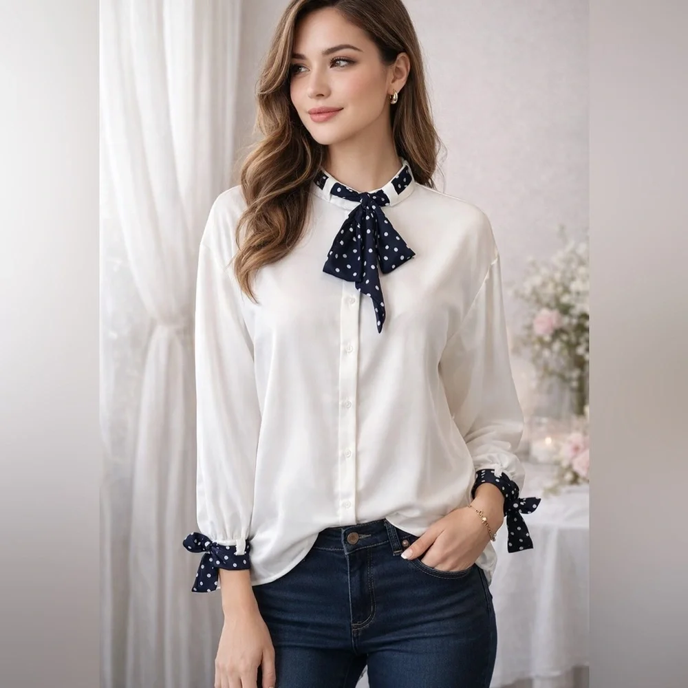 Zara Basic Button Up Blouse with Polka Dot Ties and 3/4 Sleeves/Medium - Picture 1 of 8